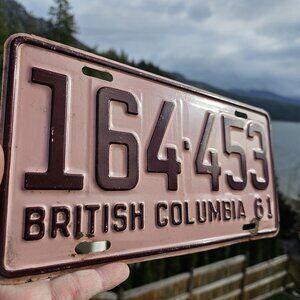 1961 British Columbia BC Canada License Plate Maroon/Pink Collector's